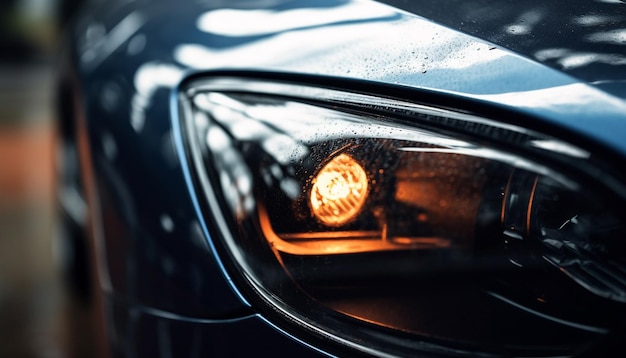 Photo shiny blue sports car reflects city lights generative ai