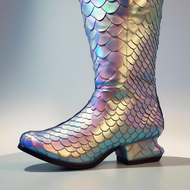 A shiny boot with a snake skin pattern is displayed on a white surface.