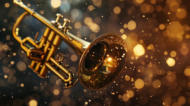 Shiny brass trumpet basking in soft warm light with floating glints creating an atmosphere of musical nostalgia and charm