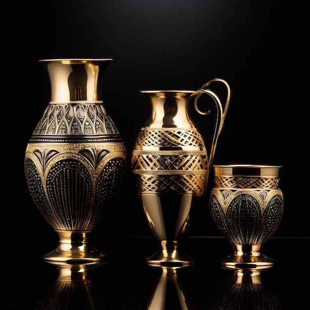 Shiny Brass Vessels Varying Shape Size Intricacy Design Black