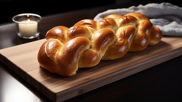 Shiny challah on wooden board with candle symbolizing Rosh Hashanahs sacred tradition