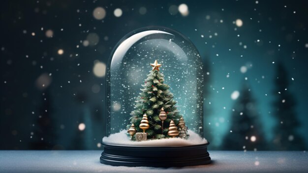 Shiny christmas tree in snow globe