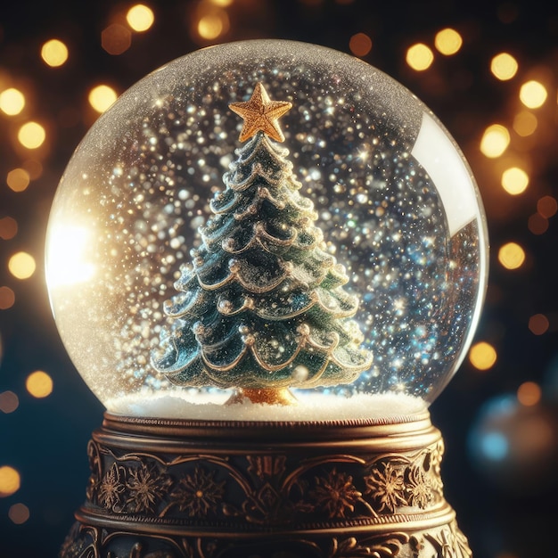 Photo shiny christmas tree in snow globe