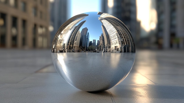 Photo shiny chrome sphere reflecting city skyline