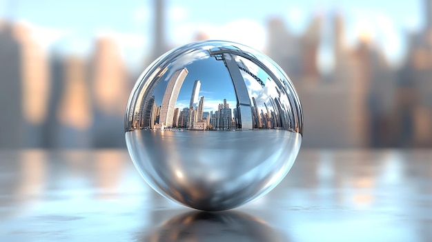 A shiny chrome sphere reflecting a cityscape with a blurred city backdrop