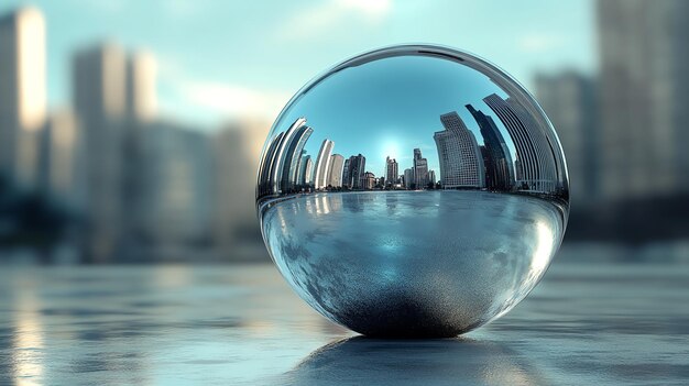 Photo a shiny chrome sphere reflecting a cityscape