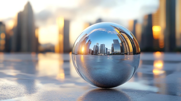 A shiny chrome sphere reflects a cityscape at sunset creating a modern and abstract image