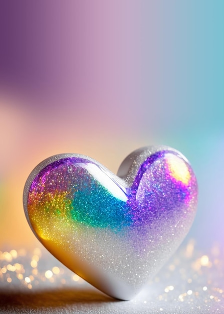 Shiny Colorful Glittery Heart Shape On Rainbow Background 3D Render