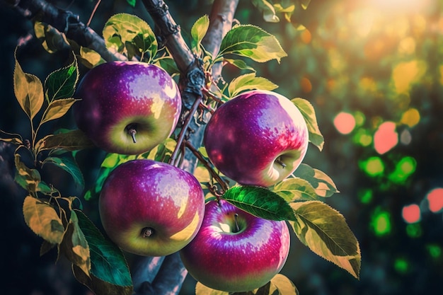 Shiny delicious apples hanging from a tree branch in an apple orchard