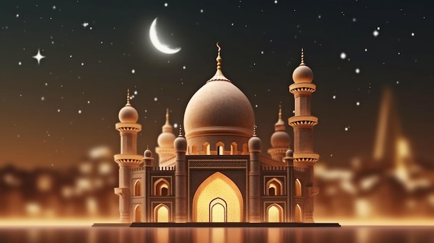 Shiny exquisite crescent moon in 3D rendered with carved mosque on a dark background Islamic theological idea GENERATE AI