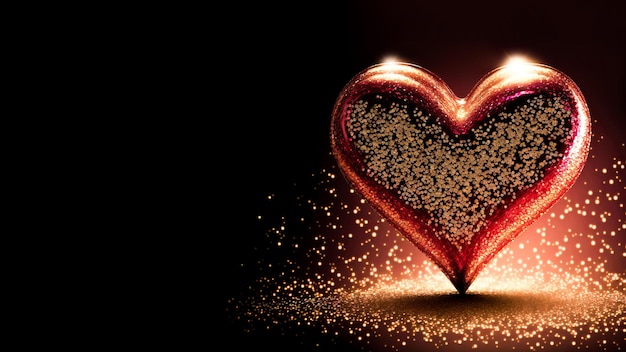 Shiny Glittery Heart Shape On Golden Lighting Backgorund 3D Render