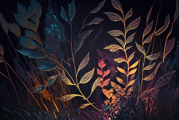 Shiny glowing magical grass and leaves closeup Generative AI