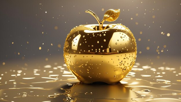 shiny gold apple with a gold stem and green leaves sitting on a reflective surface