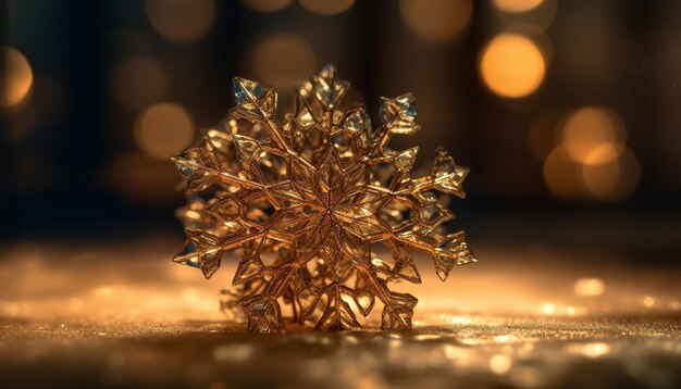 Shiny gold Christmas ornament reflects snowflake backdrop generated by AI