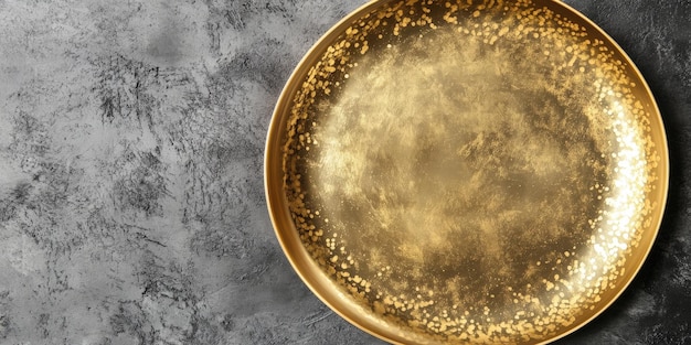 Photo shiny gold decorative plate on a textured gray surface