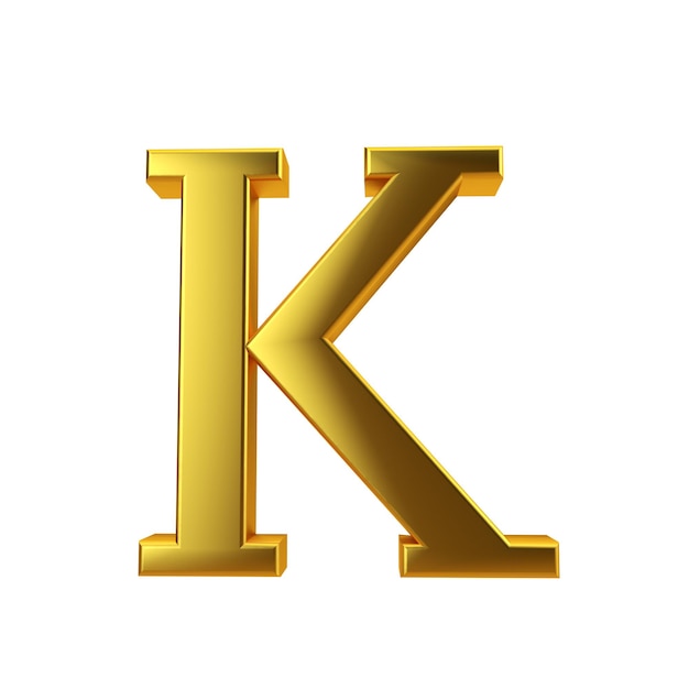 Shiny gold letter K on a plain white background 3D Rendering