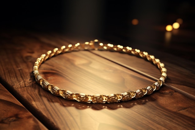 Shiny gold necklace on a dark wooden table