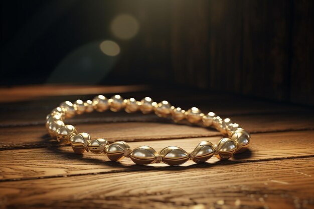 Shiny gold necklace on a dark wooden table