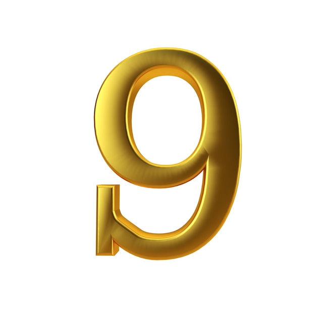 Shiny gold number 9 on a plain white background 3D Rendering