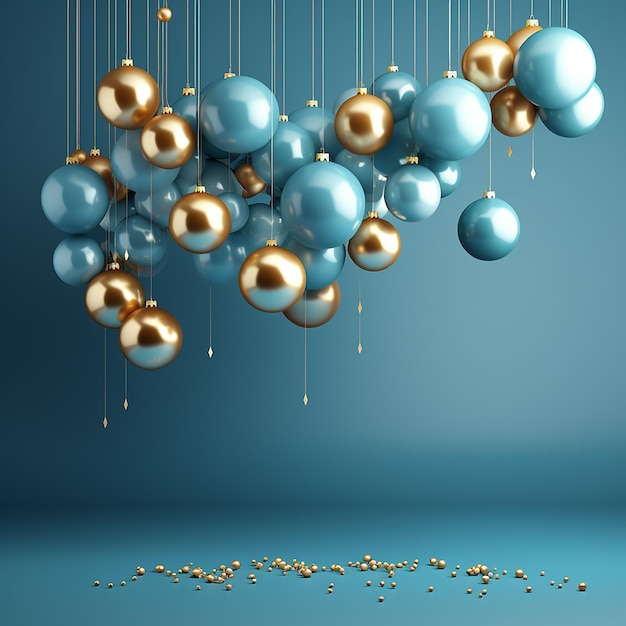 shiny golden and blue balloon party decor on blue background