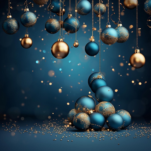 shiny golden and blue balloon party decor on blue background