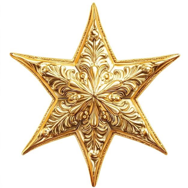 Shiny golden Christmas star with intricate details isolated on a white background