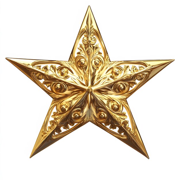 Shiny golden Christmas star with intricate details isolated on a white background