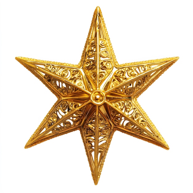 Shiny golden Christmas star with intricate details isolated on a white background