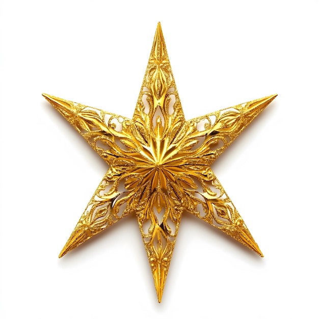 Shiny golden Christmas star with intricate details isolated on a white background