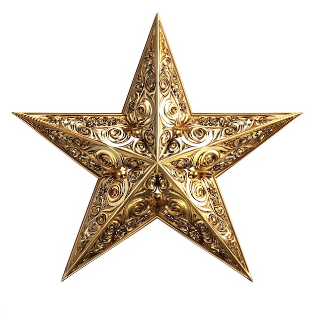 Shiny golden Christmas star with intricate details isolated on a white background