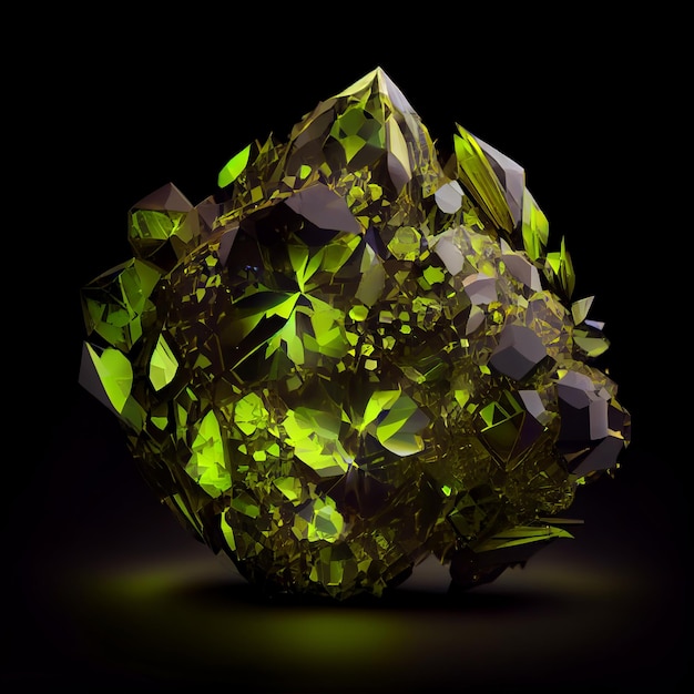 Shiny green peridot crystal gem isolated on black background natural precious mineral stone artistic