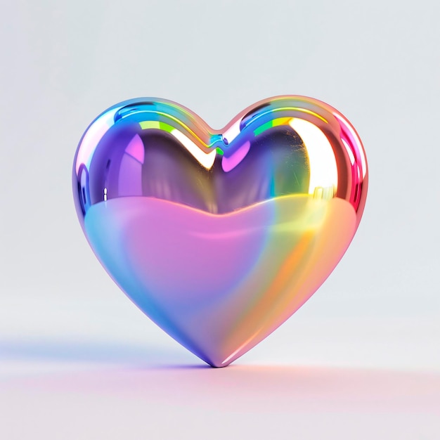 a shiny heart shaped glass with a rainbow colored heart on it