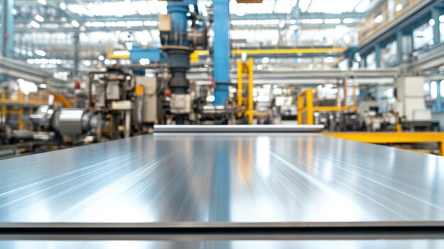 Photo shiny metal sheet on conveyor belt in factory setting