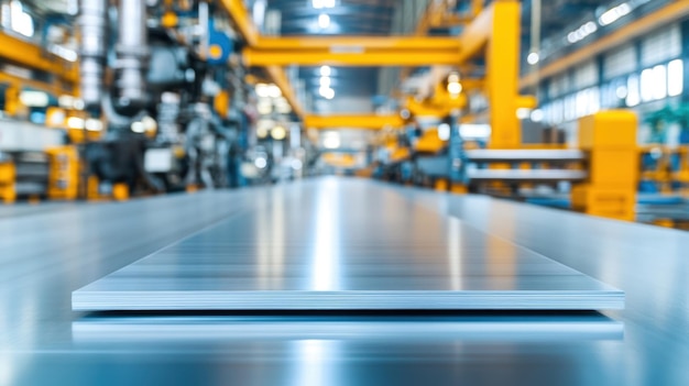 Shiny Metal Sheet on Conveyor Belt in Industrial Factory