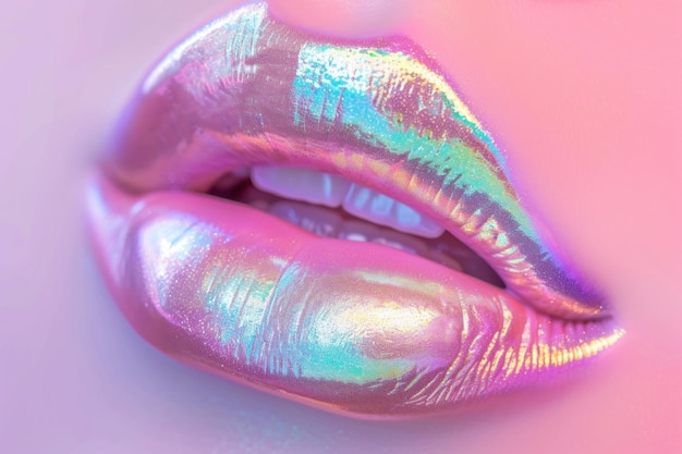 Shiny metallic lip gloss closeup glamorous beauty makeup concept with womans lips fashion and beauty trends