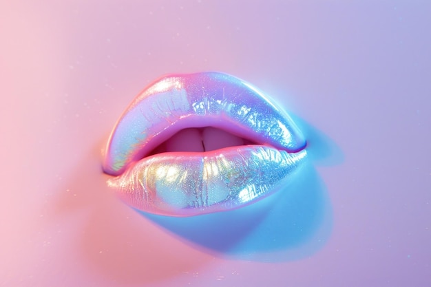 Shiny metallic lips on pink and blue background with a fashionable and artistic appeal