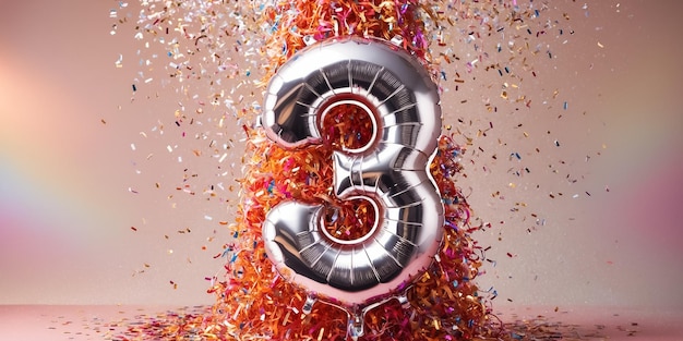 Photo shiny number 3 balloon confetti festive background