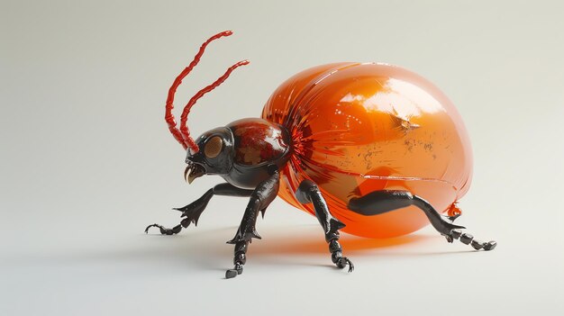 A shiny orange balloon beetle stands on a white surface