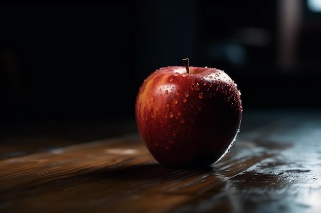 A shiny red apple on a dark wooden table