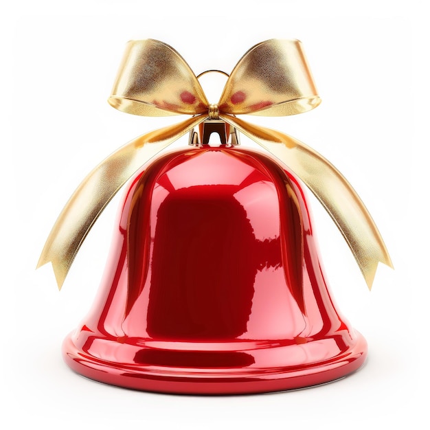 Photo a shiny red christmas bell with a gold ribbon isolated on white background