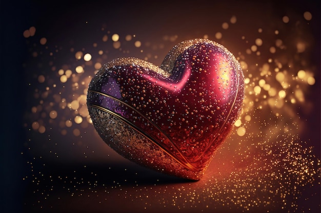 Shiny Red Glittery Heart Shape On Bokeh Light Background 3D Render