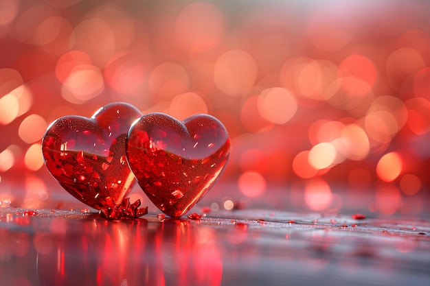 Shiny red hearts against a background of bokeh