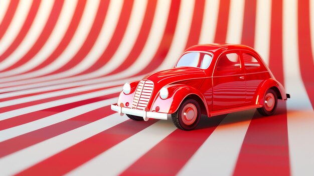 Photo a shiny red vintage car on a red and white striped background