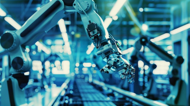 Photo a shiny robotic arm works meticulously in a futuristic factory setting showcasing advanced technology