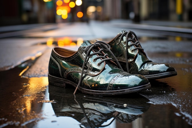 Shiny shoes standing on a wet pavement