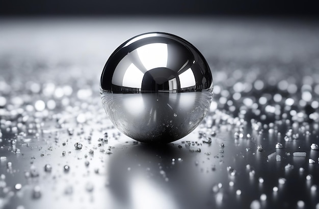 A shiny silver ball sits on a surface with a lot of small shiny