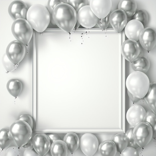 Shiny silver balloons frame on white background