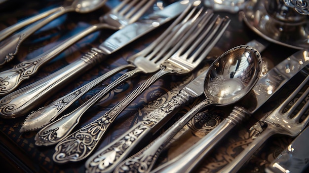 Shiny Silver Forks and Spoons Arranged on a Table