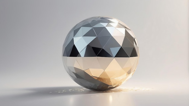 Photo a shiny silver geometric sphere sits on a white surface reflecting the light