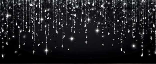 Shiny silver rain with sequins falling on black background festive background with sparkling partic